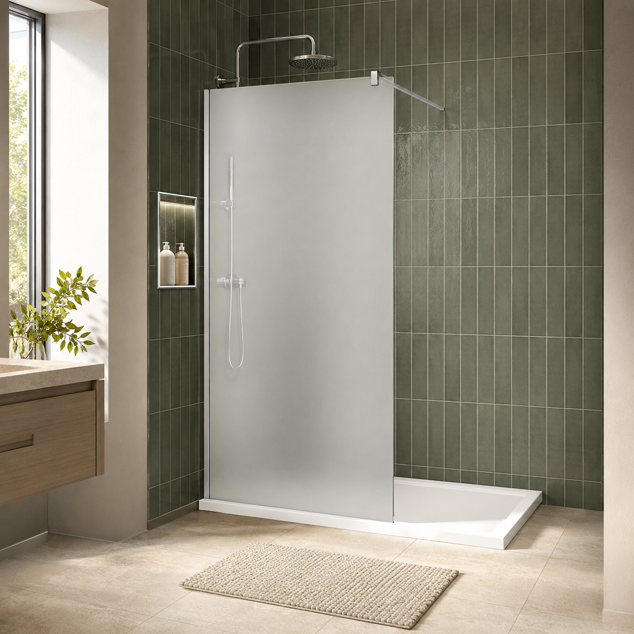 Vitrano full frosted shower screen with chrome shower fittings and bath mat