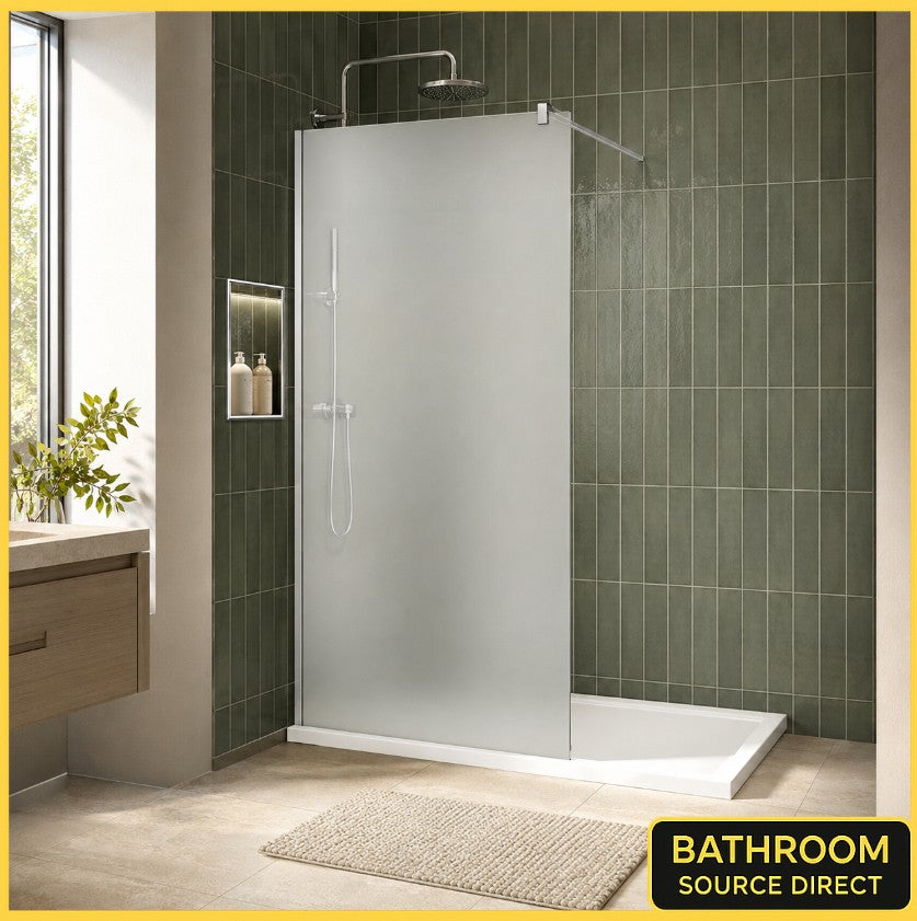 Vitrano full frosted walk in shower screen in a modern sage green tiled bathroom