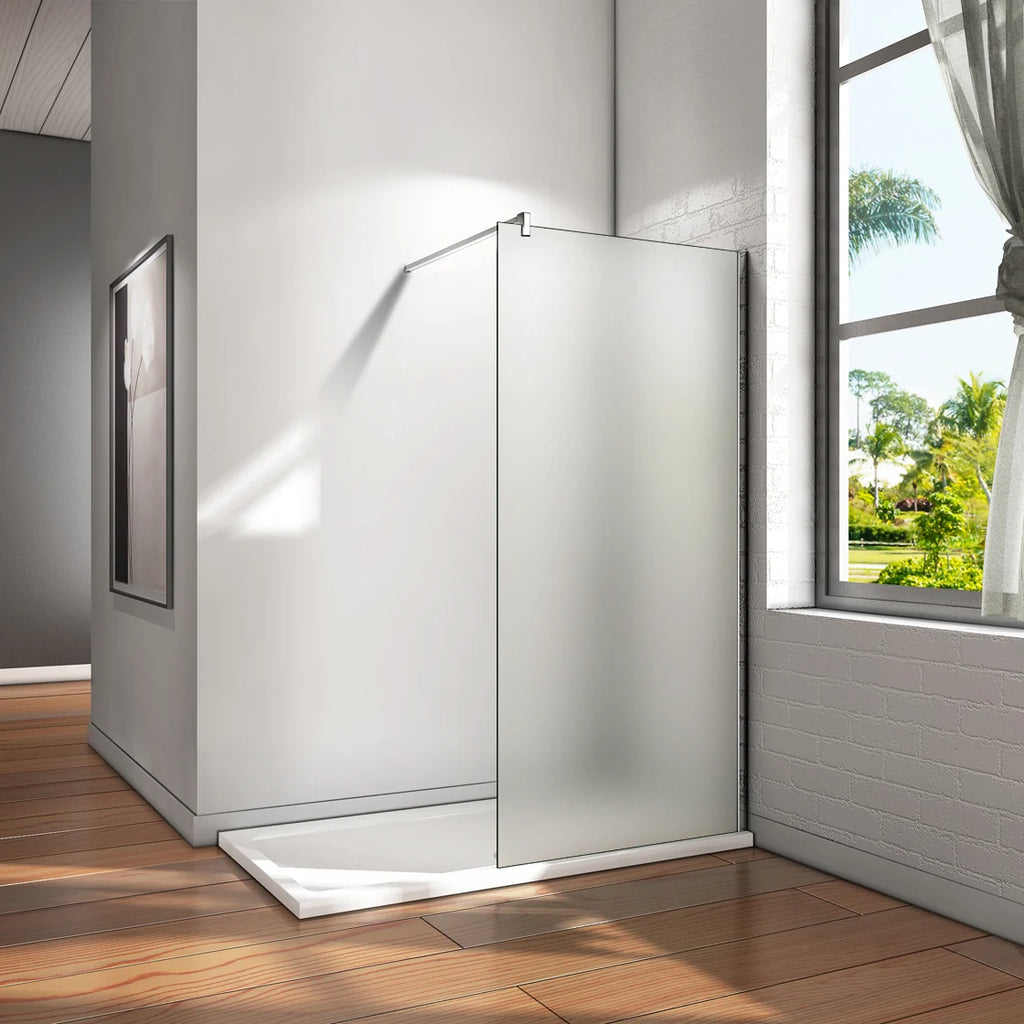 Vitrano full frosted walk in shower screen with polished chrome profile and support bar