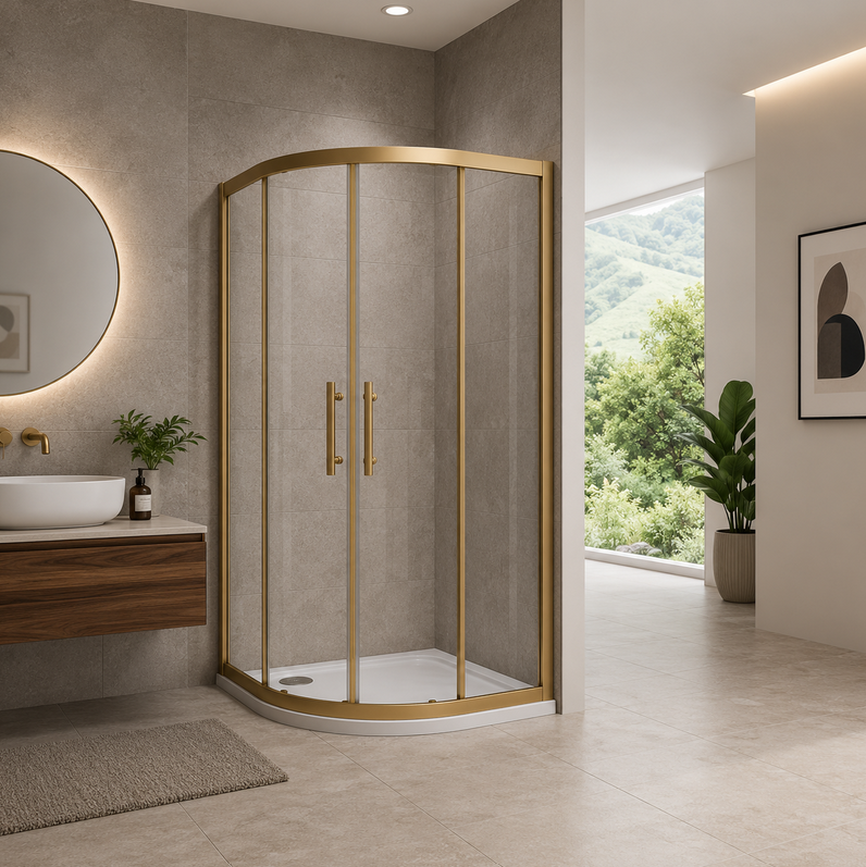 Angled View Of Brushed Brass Quadrant Shower Enclosure In Modern Bathroom Setting