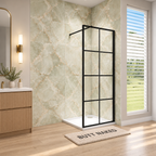 Vitrano grid matt black walk in shower screen with 8mm clear glass in a premium bathroom
