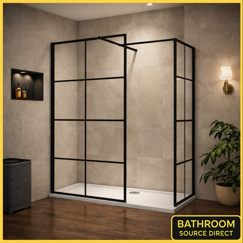 Vitrano grid walk in shower enclosure with side panel matt black 8mm glass