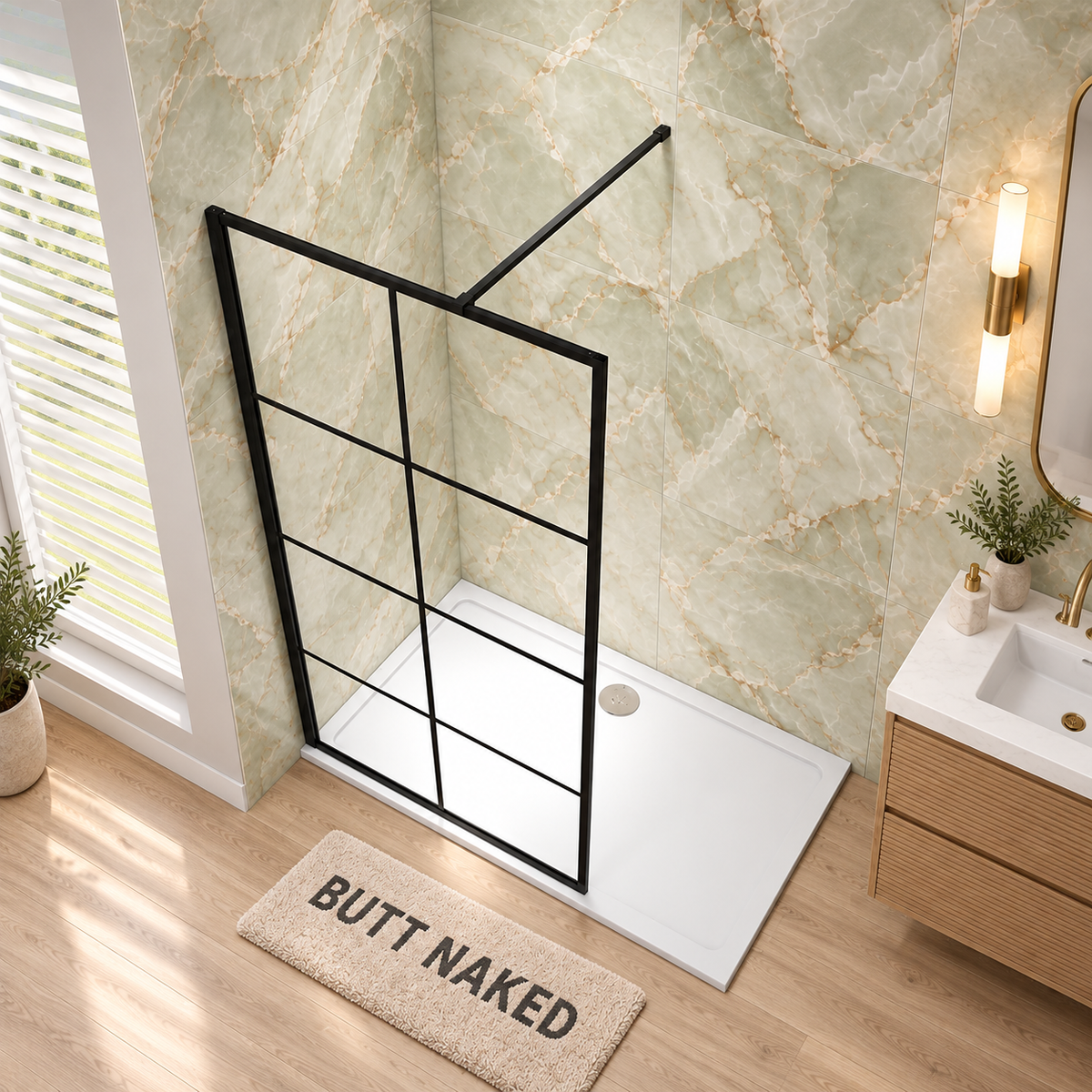 Angled view of the Vitrano matt black grid walk in shower screen with support bar