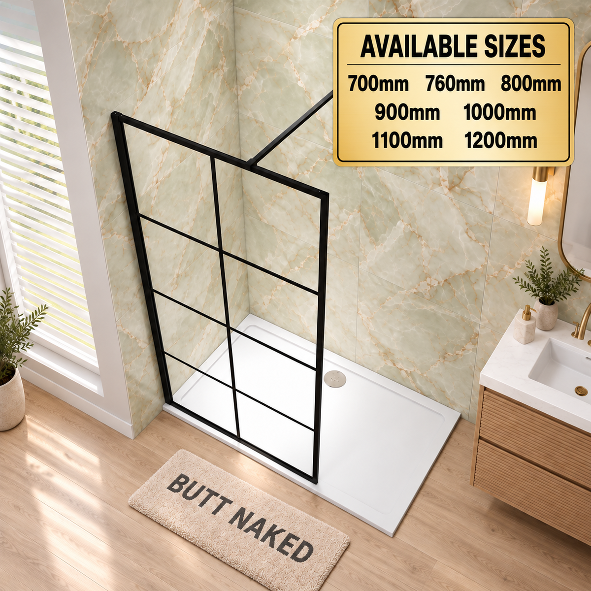 Vitrano matt black grid walk in shower screen showing available widths from 700mm to 1200mm