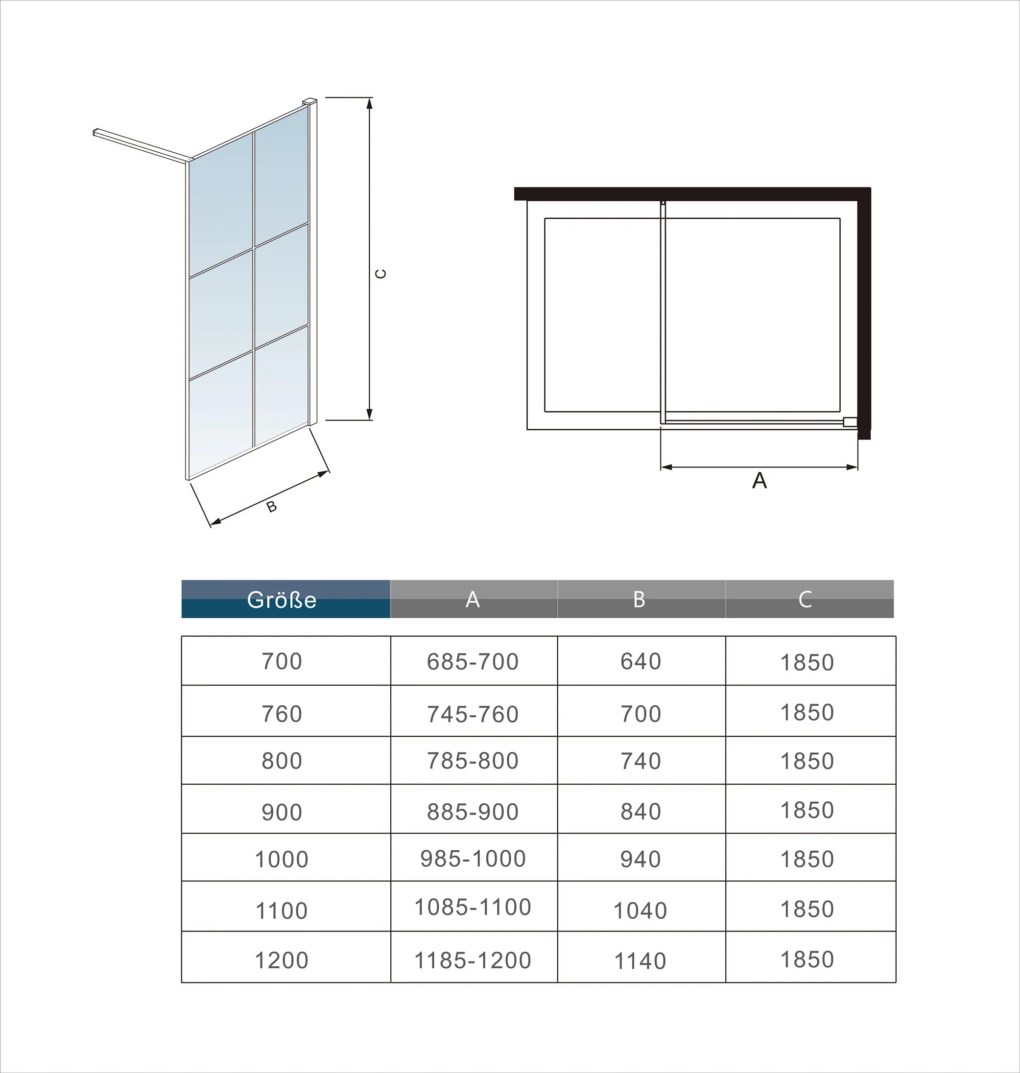 Technical Drawing And Size Guide For Vitrano Matt Black Grid Wetroom Shower Screen