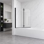 Vitrano matt black 2 fold pivot bath screen in modern marble bathroom