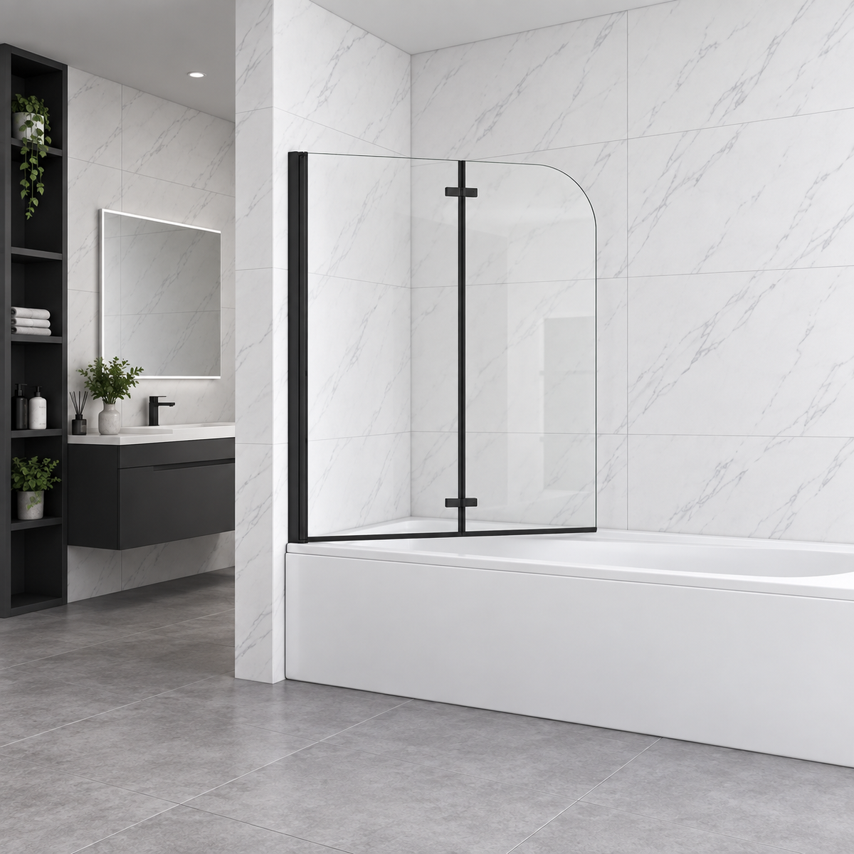 Vitrano matt black 2 fold pivot bath screen in modern marble bathroom