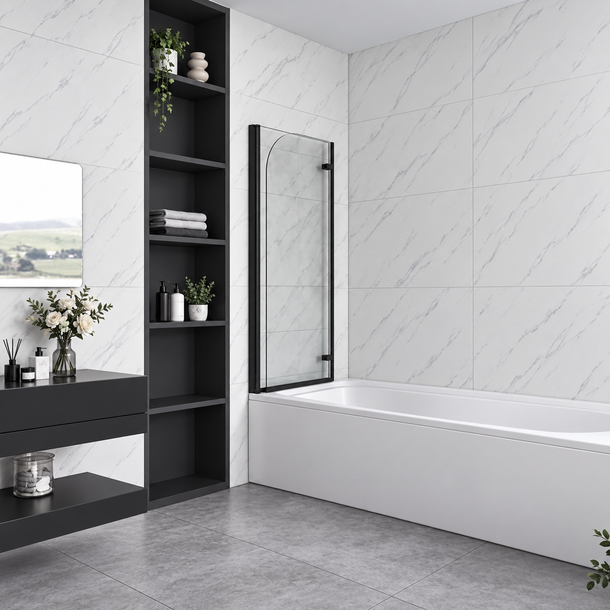 Vitrano matt black 2 fold pivot bath screen in closed position
