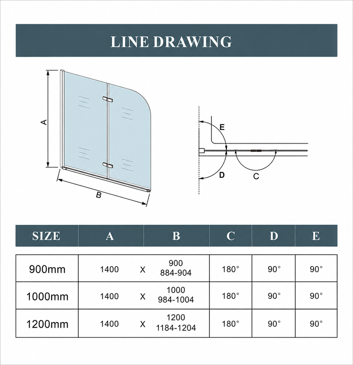 Vitrano matt black 2 fold pivot bath screen dimensions for 900 1000 & 1200mm sizes