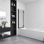 Vitrano matt black 2 fold pivot bath screen folded against the wall