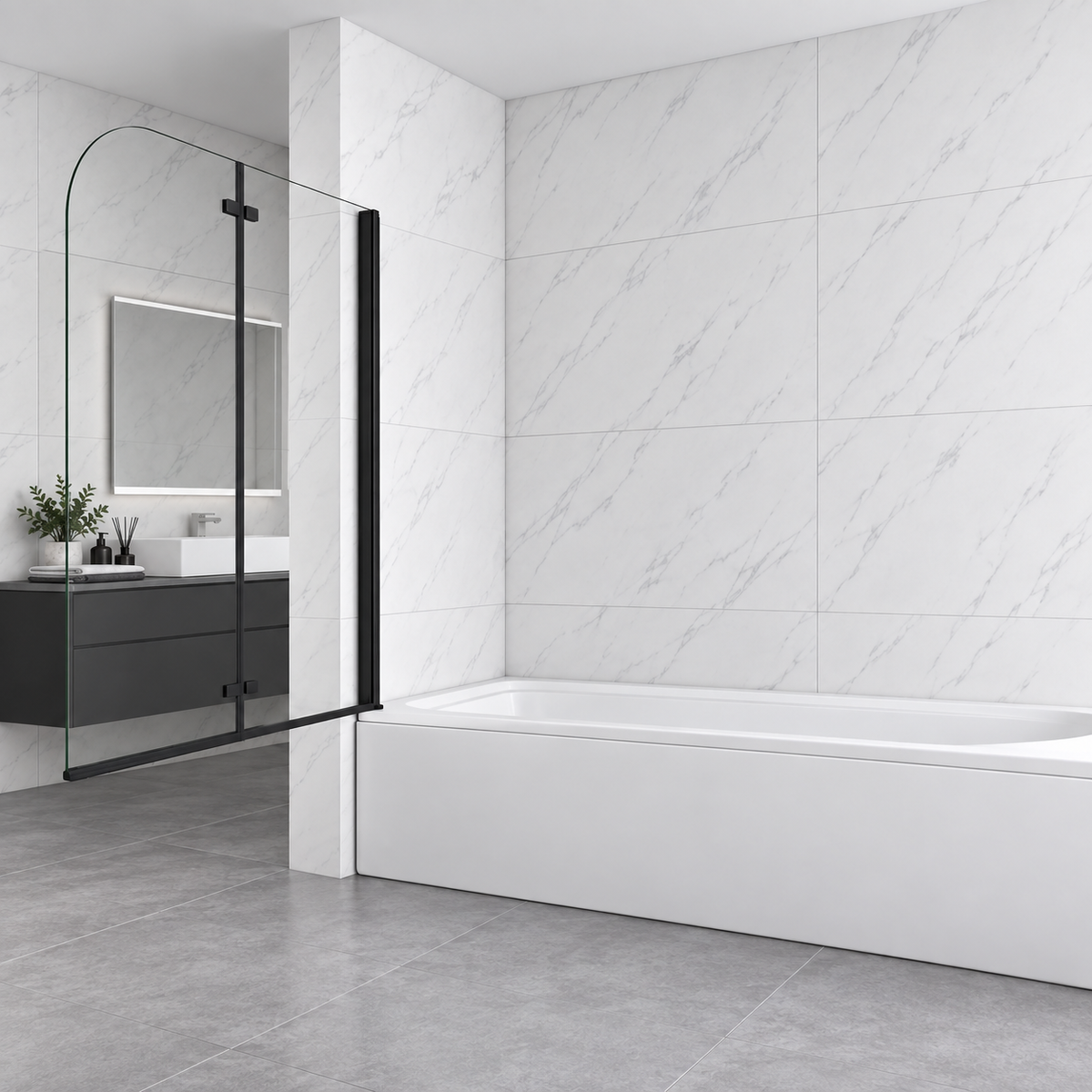 Vitrano matt black 2 fold pivot bath screen with clear 6mm glass