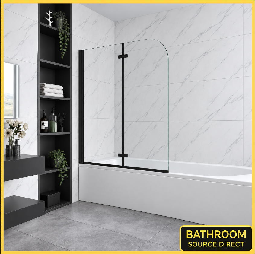 Vitrano matt black 2 fold pivot bath screen fitted over a white bath