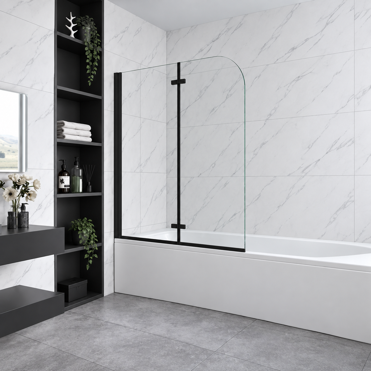 Vitrano matt black 2 fold pivot bath screen shown in open position