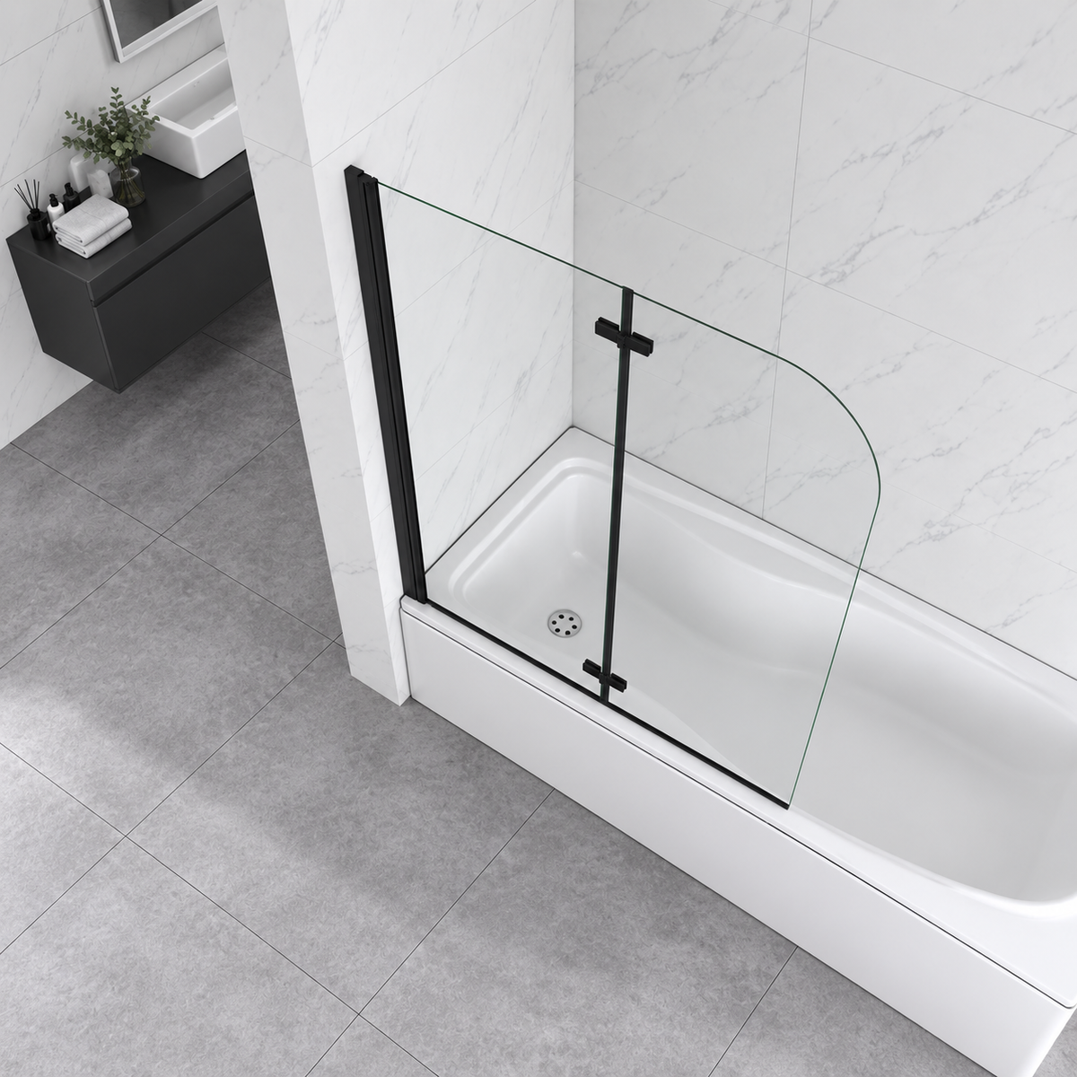 Vitrano matt black 2 fold pivot bath screen viewed from above