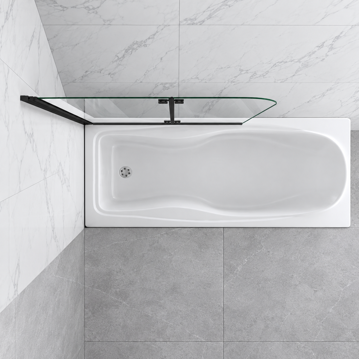 Vitrano 2 fold pivot bath screen top view with left hand installation