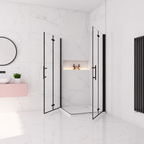 Vitrano matt black double bi fold square shower enclosure fully open in a modern Carrara marble bathroom