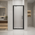 Vitrano matt black pivot shower door closed within a modern shower recess