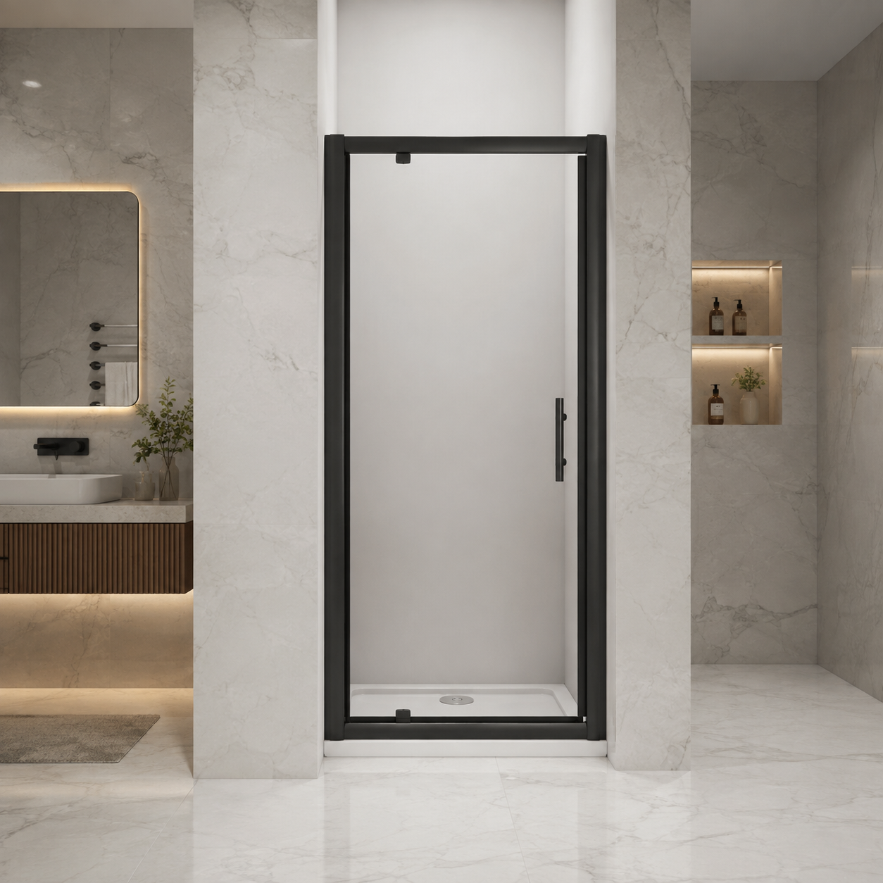 Vitrano matt black pivot shower door closed within a modern shower recess