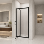 Angled view of the Vitrano matt black pivot shower door with clear 6mm glass