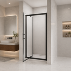 Vitrano matt black pivot shower door shown open in a modern bathroom recess