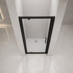 Overhead view showing the opening action of the Vitrano matt black pivot shower door