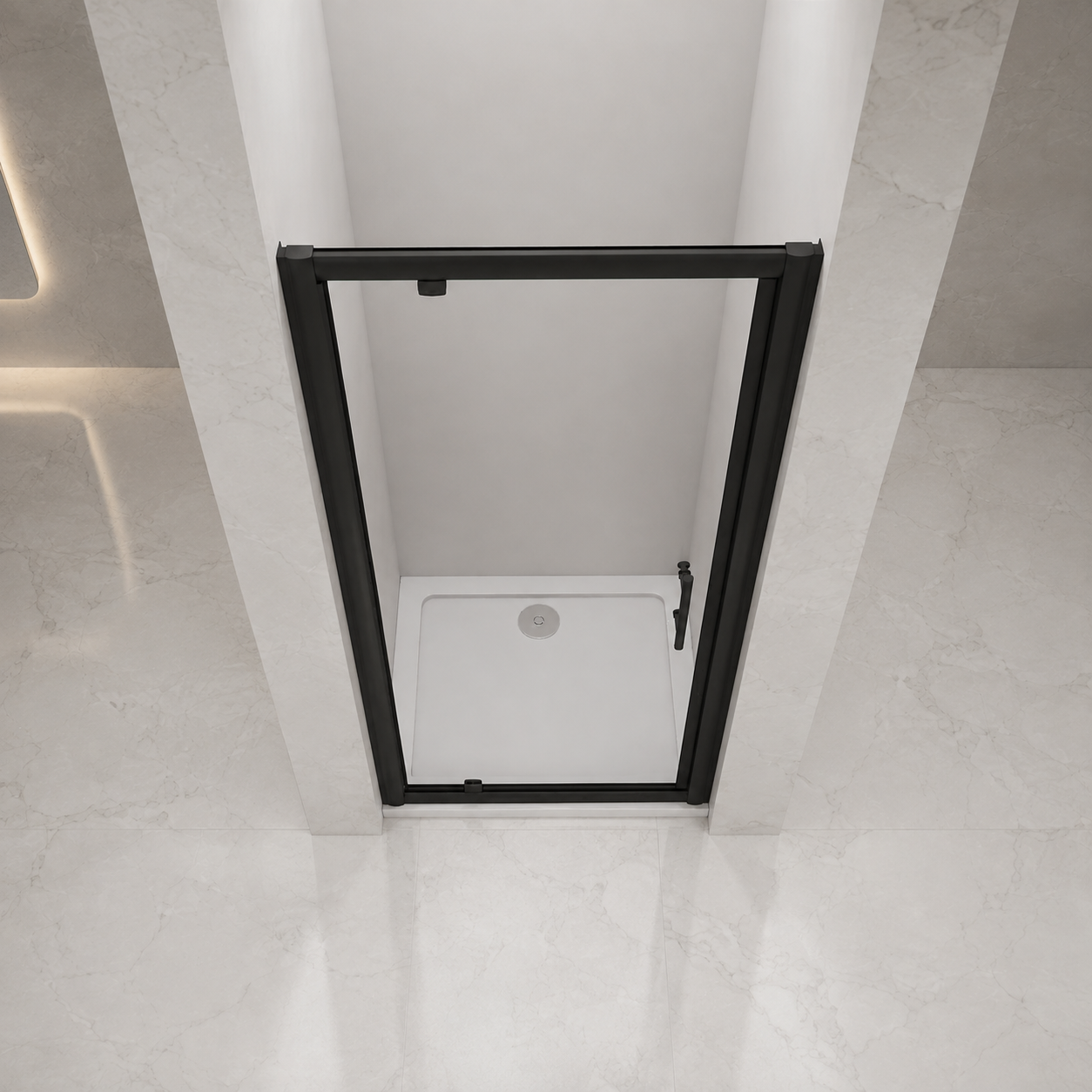 Overhead view showing the opening action of the Vitrano matt black pivot shower door
