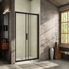 Vitrano matt black soft close sliding shower door shown closed in a contemporary bathroom