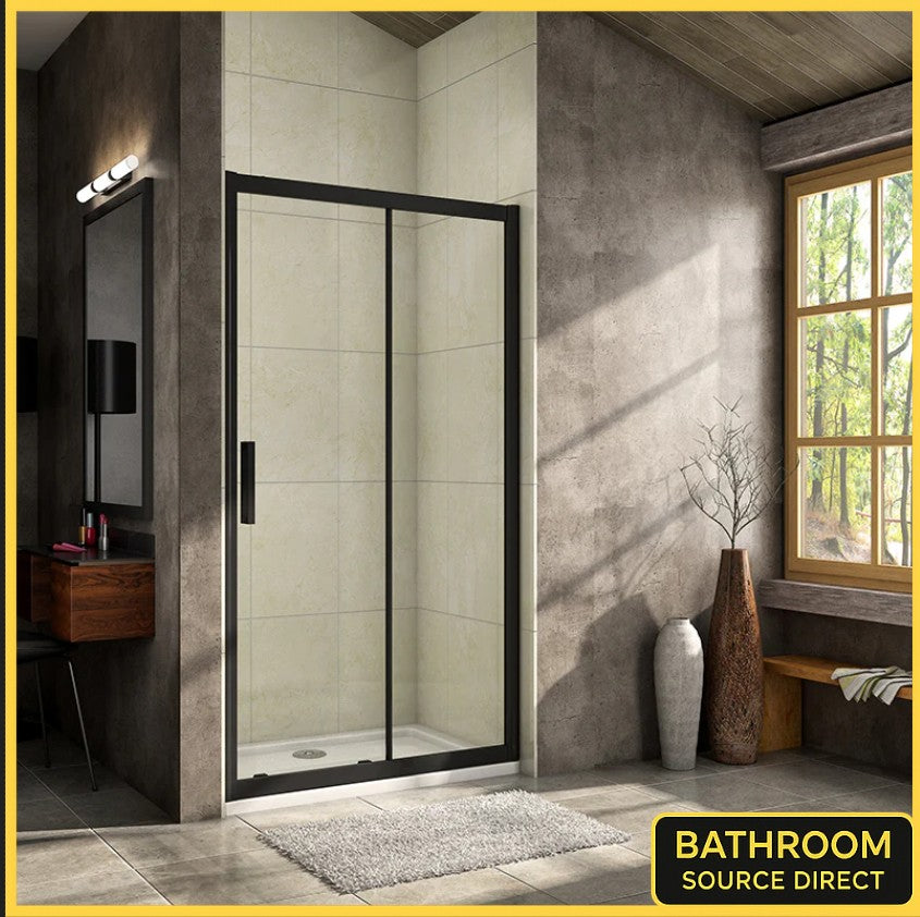 Vitrano matt black soft close sliding shower door with 8mm NANO glass in a modern bathroom recess