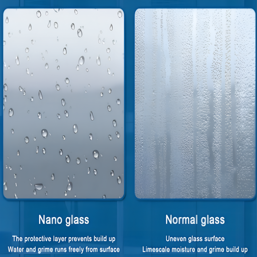 Comparison of nano easy clean shower glass versus normal glass showing water repellent surface