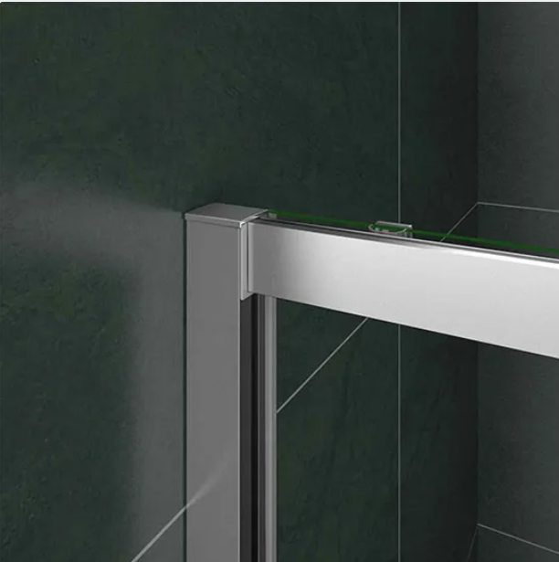Close up of the upper roller system and chrome rail on the Vitrano shower enclosure