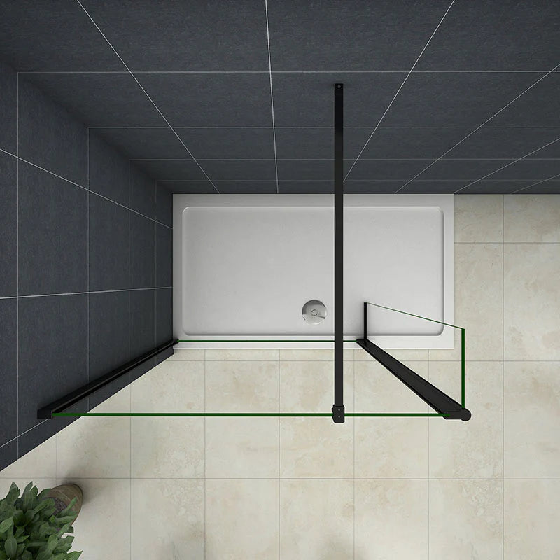 Open walk-in shower screen design with black frame in grey tiled bathroom