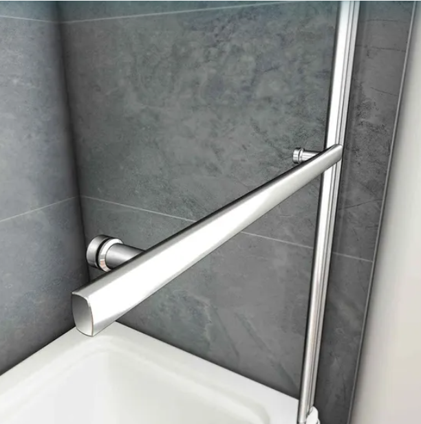 Close up of chrome hinge and pivot mechanism on bath screen