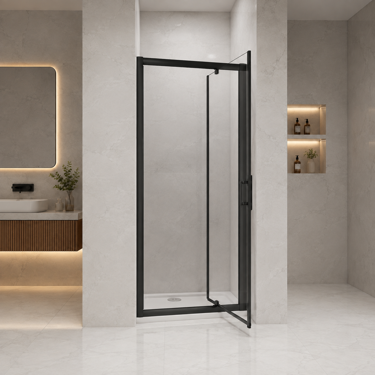 Alternative open view of the Vitrano reversible matt black pivot shower door