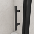 Close up of the matt black bar handle on the Vitrano pivot shower door
