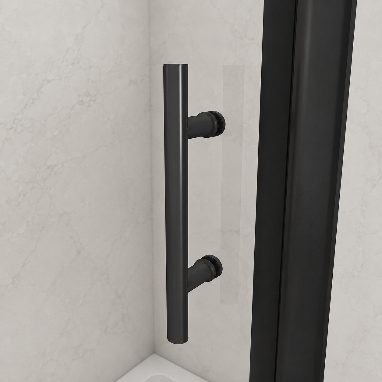 Close up of the matt black bar handle on the Vitrano pivot shower door