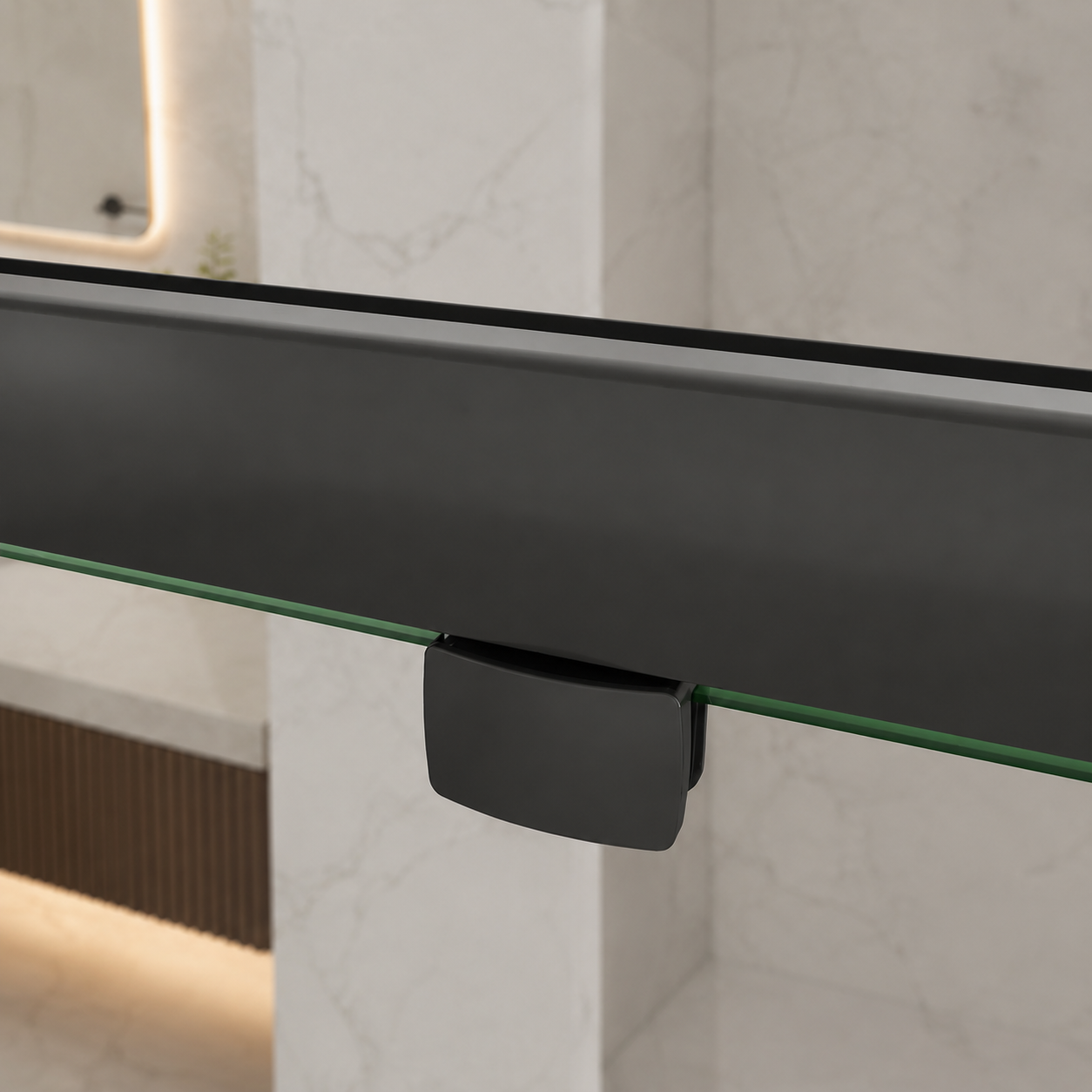 Close up of the top pivot mechanism on the Vitrano matt black shower door