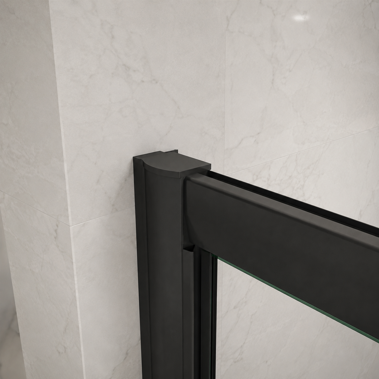 Close up of the matt black wall profile and top cover cap on the Vitrano pivot shower door