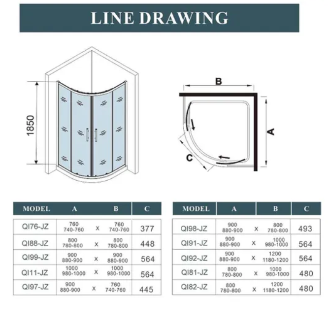 Technical Line Drawing And Size Guide For Vitrano Chrome Quadrant Shower Enclosure