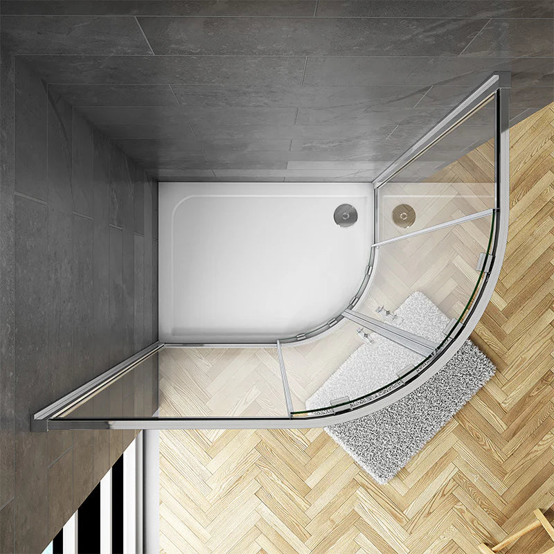 Overhead View Of Curved Quadrant Shower Tray And Sliding Door Enclosure