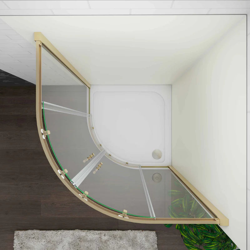 Overhead View Of Curved Quadrant Shower Tray With Brushed Brass Enclosure