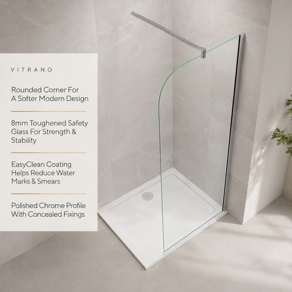 Vitrano chrome rounded corner walk in shower screen with 8mm clear glass and key product features