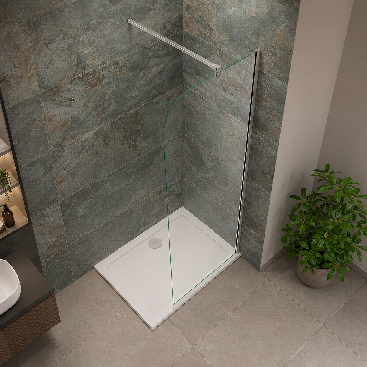 Overhead view of Vitrano chrome rounded corner walk in shower screen with support bar and white shower tray
