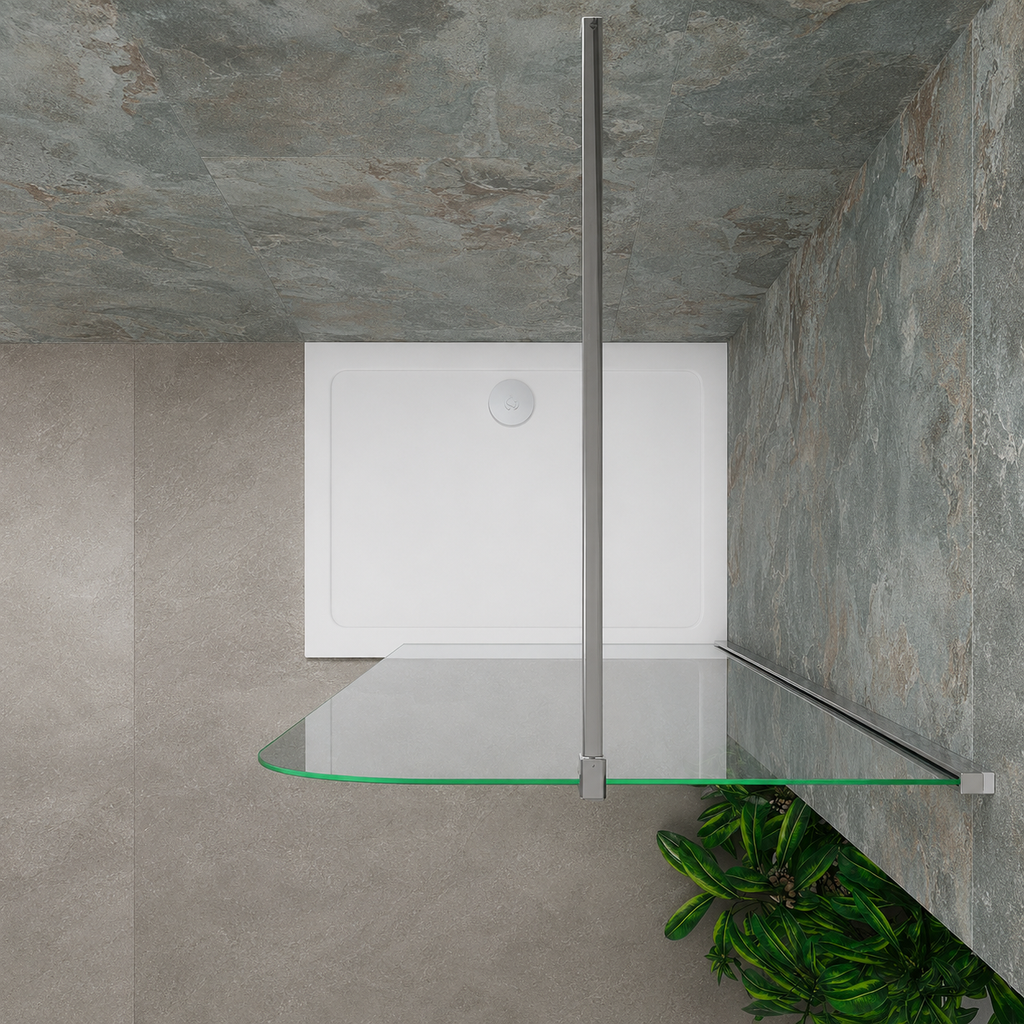 Top view of the Vitrano chrome rounded corner walk in shower screen with 8mm clear glass and support bar