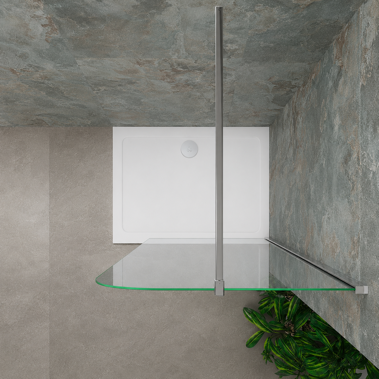 Top view of the Vitrano chrome rounded corner walk in shower screen with 8mm clear glass and support bar