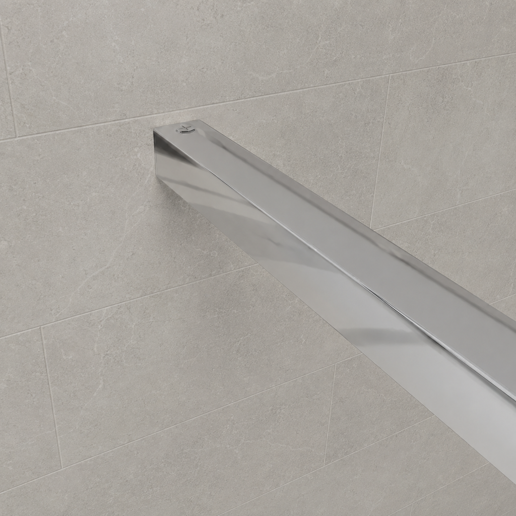 Polished chrome support bar detail for the Vitrano full frosted shower screen