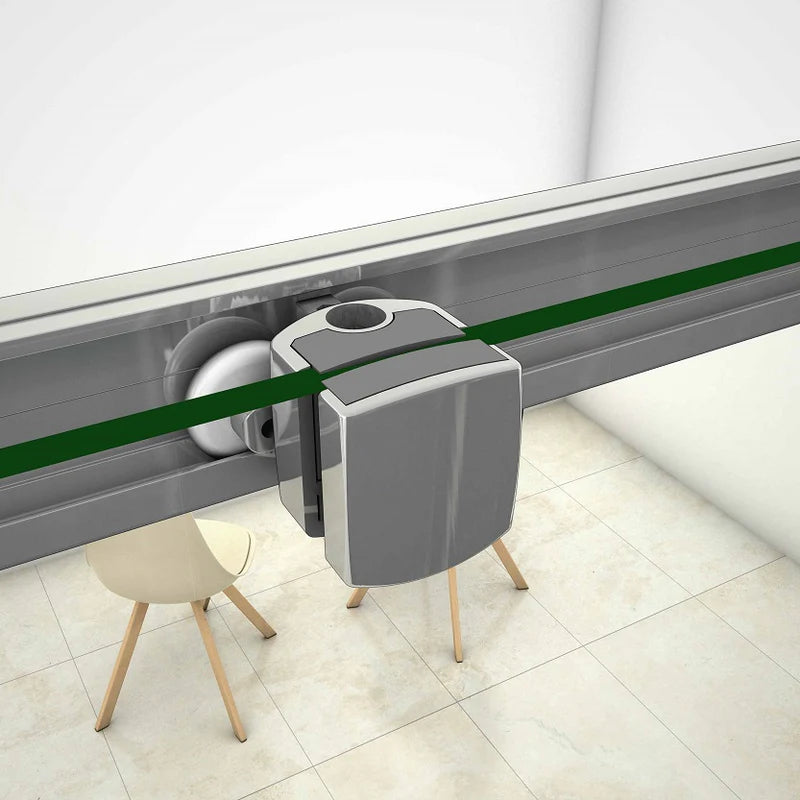 Detail of smooth sliding shower door rollers and track system