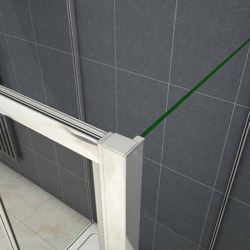 Shower enclosure tray corner with seal and glass panel positioning detail