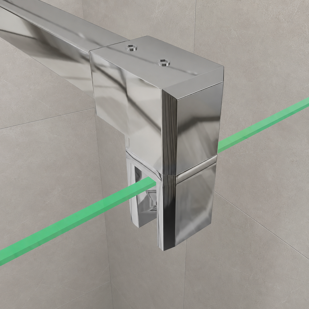 A polished chrome glass shower or sink corner bracket with a green laser overlay showing the alignment of the glass edge and bracket.