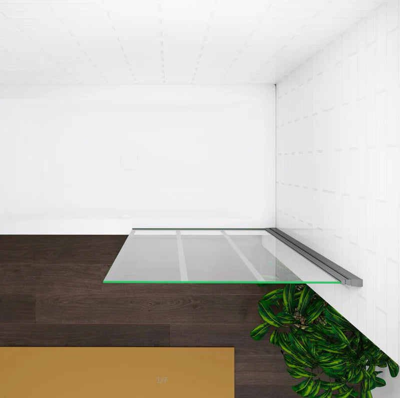 Top view layout of shower screen showing glass panel position and wall fixing