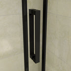 Close up of the rectangular matt black handle on the Vitrano sliding shower door